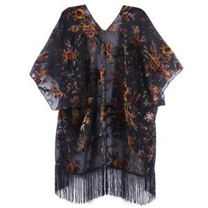 Amber Bloom Velvet Fringe Burnout Kimono Shawl, Boho Cardigan, Festival Kimono